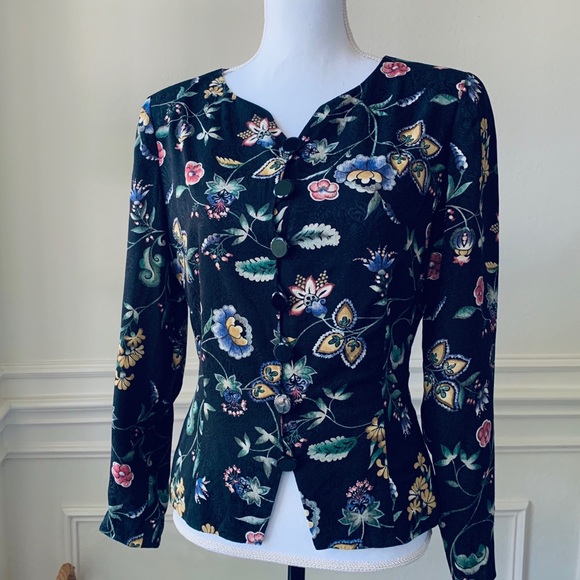 VINTAGE LIZ CLAIBORNE LONG SLEEVE FLORAL BLAZER TOP - Picture 8 of 15